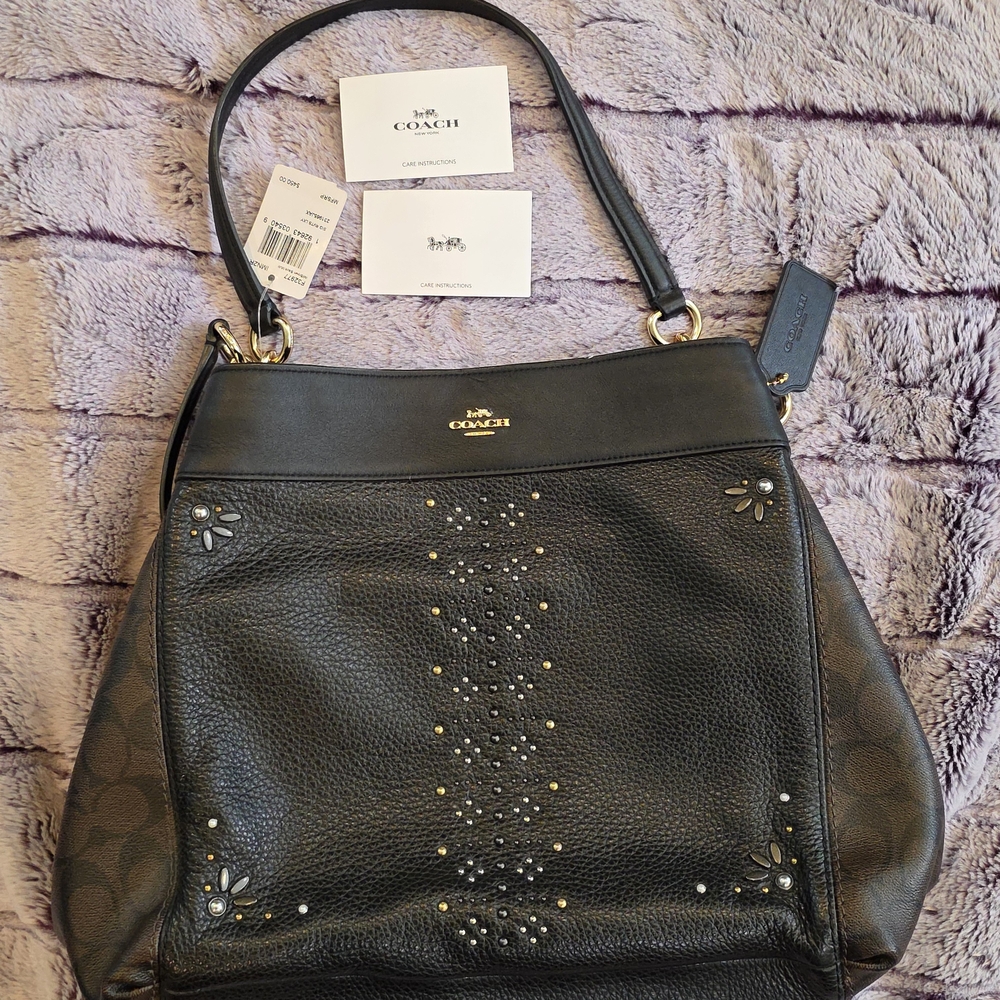 Coach Black Leather Shoulder Bag with Textured Design